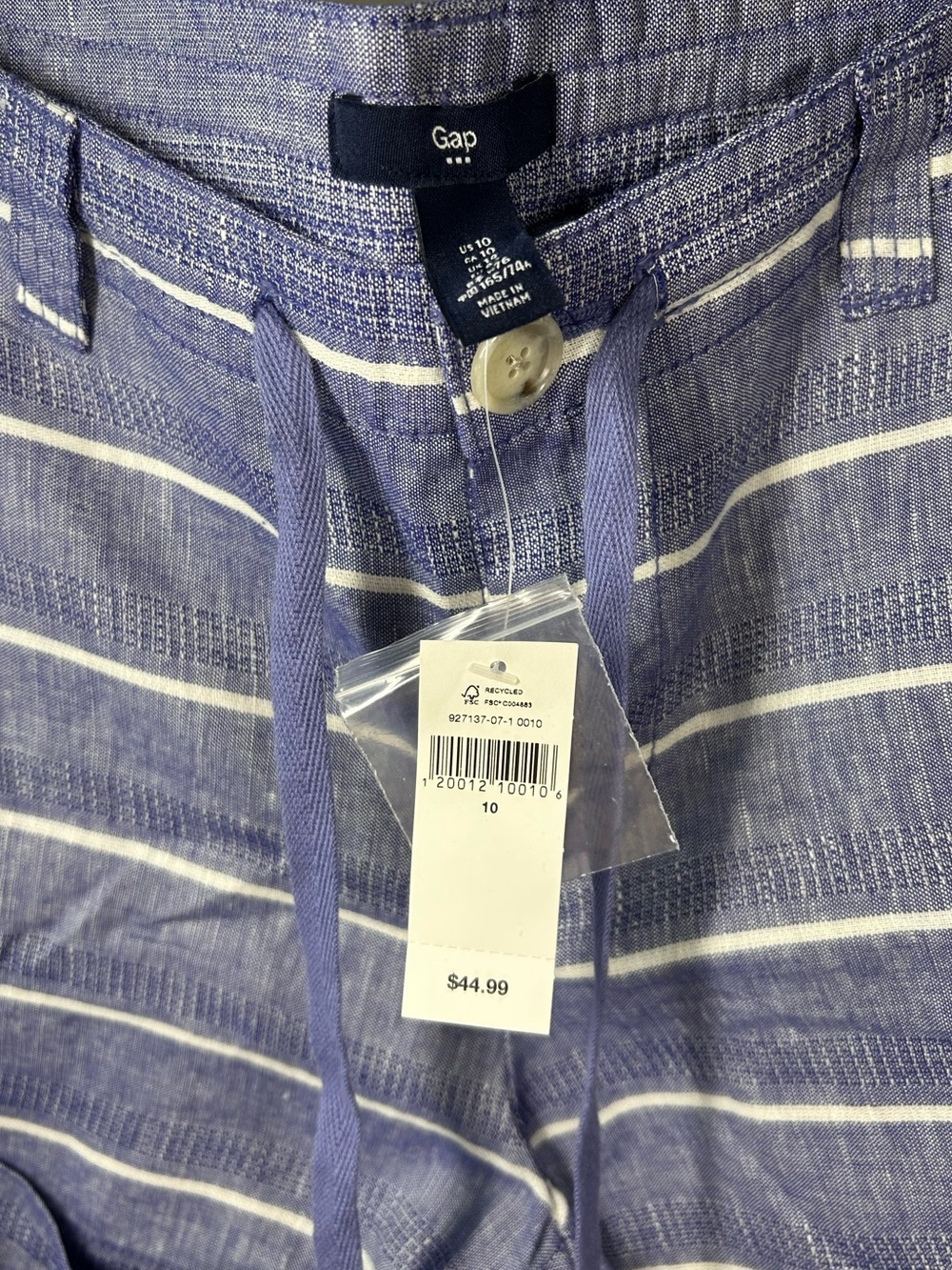 GAP Linen-Blend Shorts, indigo/white horizontal striped, button closure, size 10 - Picture 6 of 7